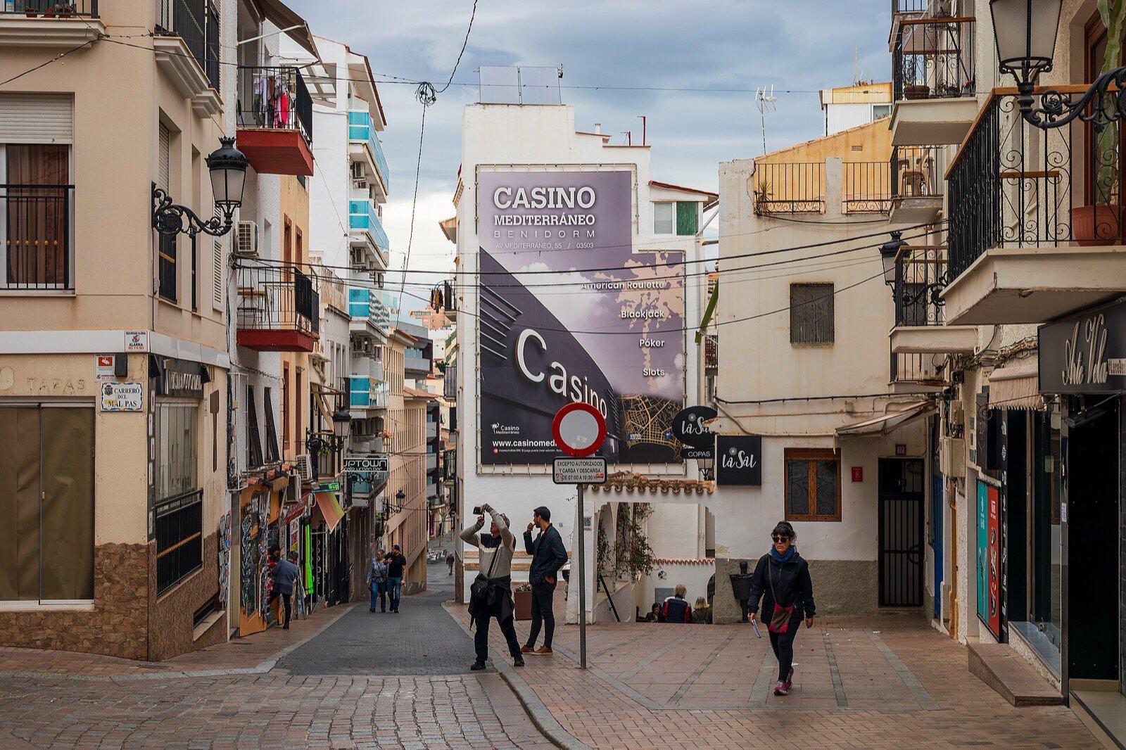 Carrer Major alley in the Old Town of Benidorm, Alicante, Spain in 2024 January.