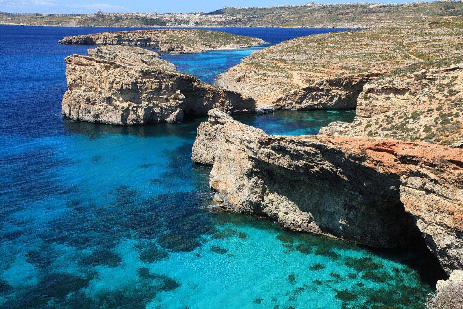 View from Comino to the Blue Lagoon, Large Blue Lagoon Rock, Small Blue Lagoon Rock, and C