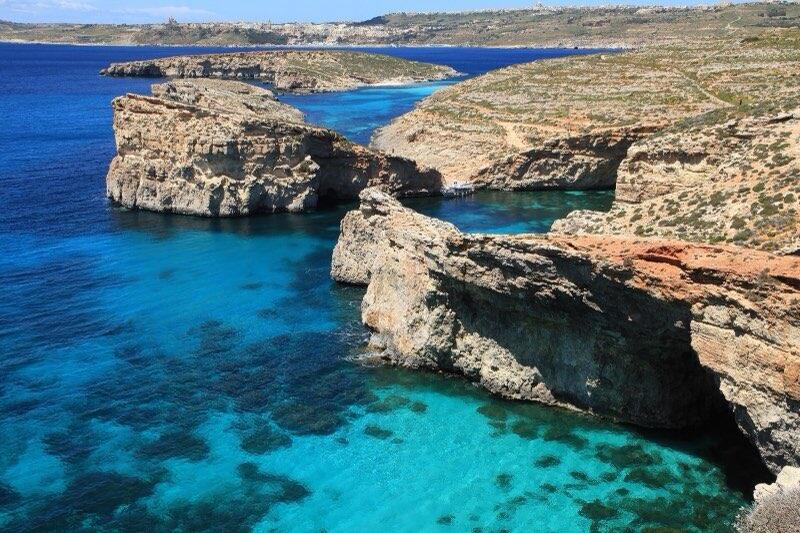 View from Comino to the Blue Lagoon, Large Blue Lagoon Rock, Small Blue Lagoon Rock, and C